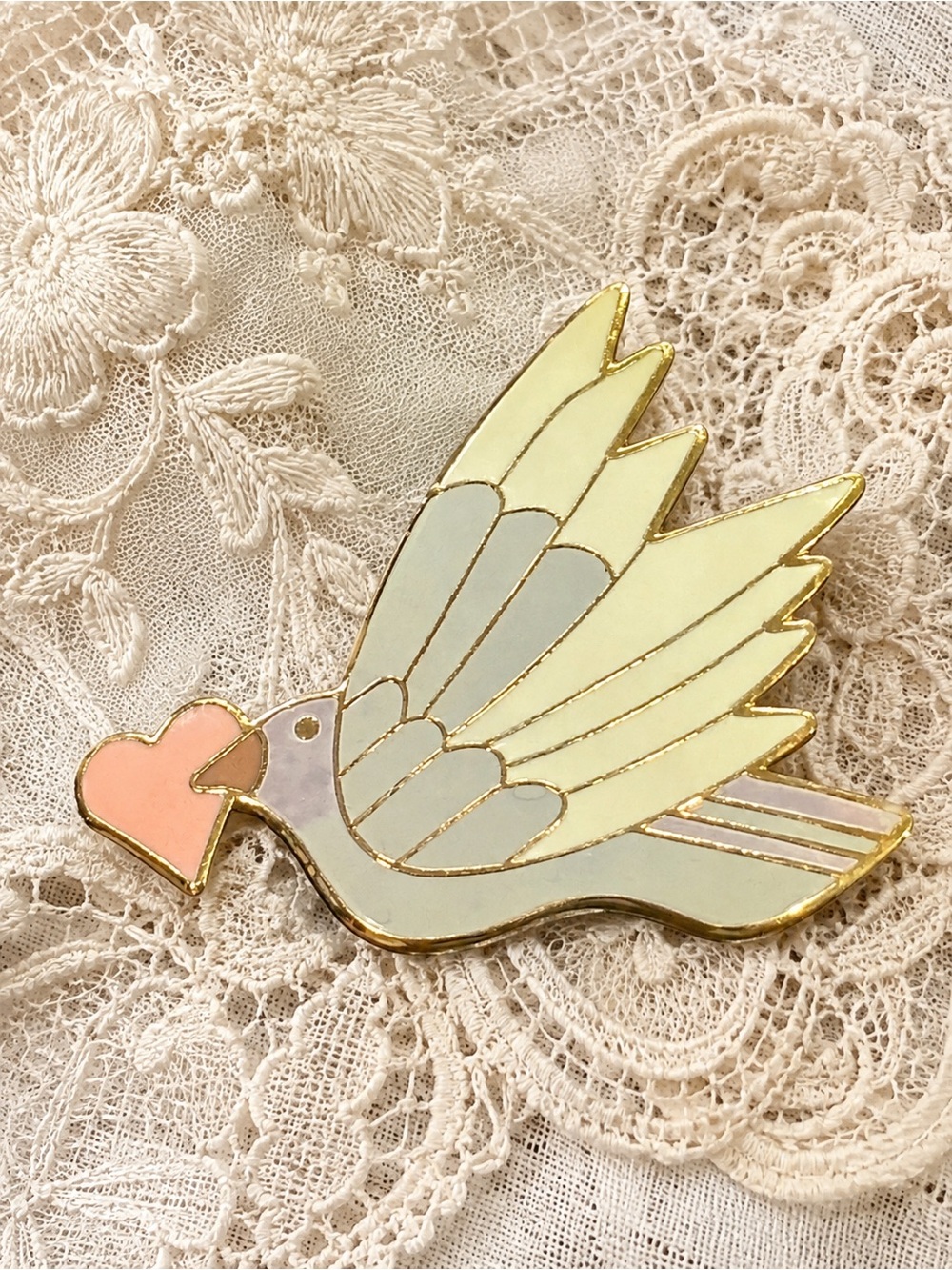 Vintage Laurel Burch Celeste With Heart Dove Enamel Brooch Pin Gold Tone